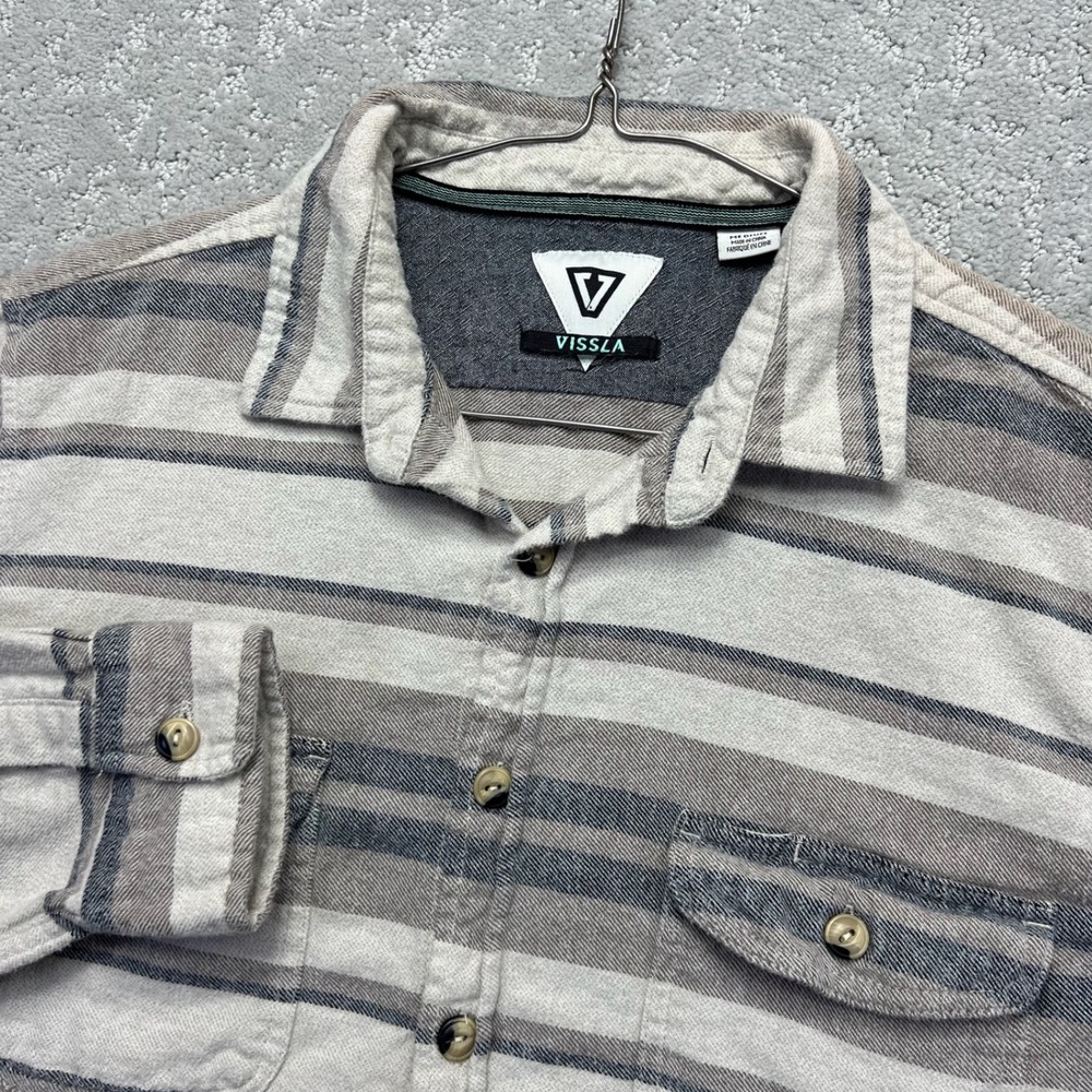 Vissla Flannel‎ Shirt Mens M Brown Striped Long Sleeve Button Down Central Coast